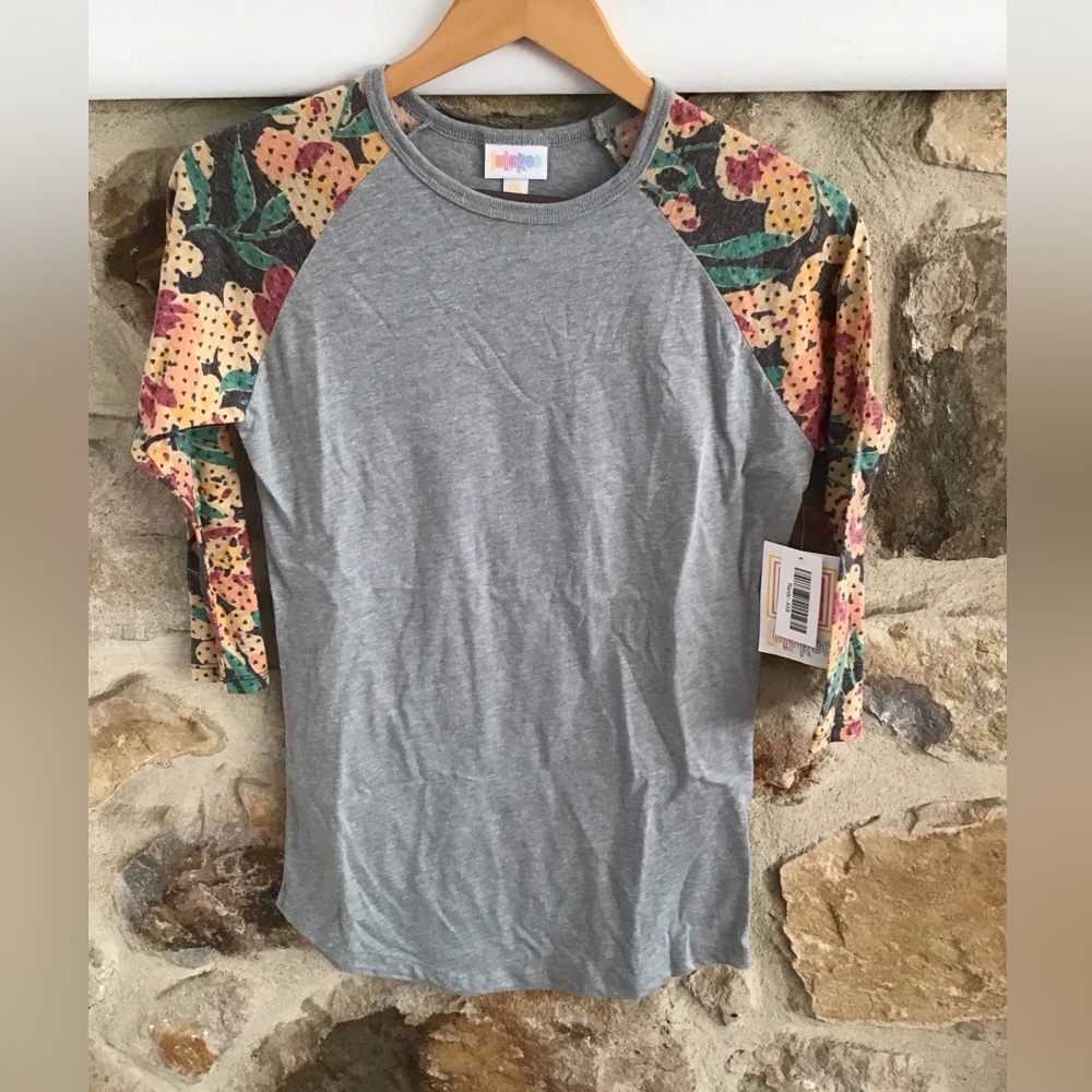Lularoe Randy Gray Raglan Shirt with Floral Sleeves #11